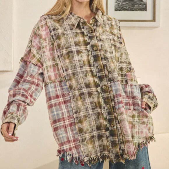 Oli & Hali Tops - OLI & HALI WASHED PLAID FRINGE TRIM OVERSIZED SHIRT